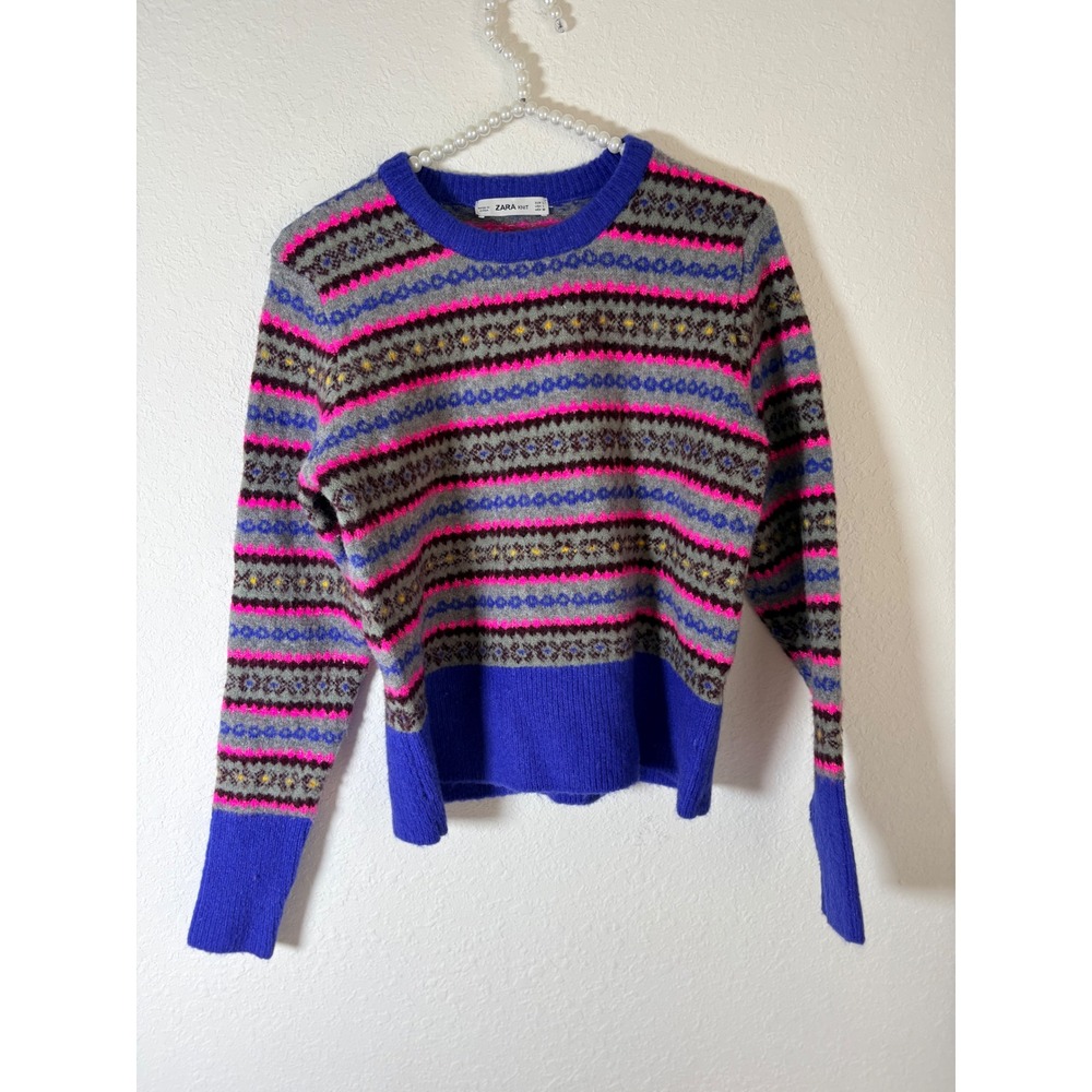 Zara Fair Isle Knit Sweater Large Blue Pink Striped Wool Blend Crewneck
